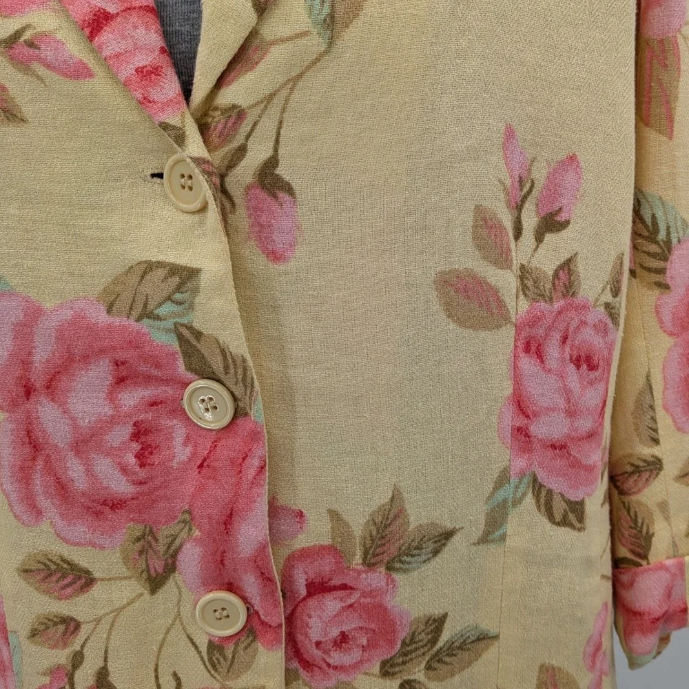 Boho Cottagecore Y2K 90s Yellow Pink Rose Floral LinenBlend‎ Blazer/Skirt 14 Set